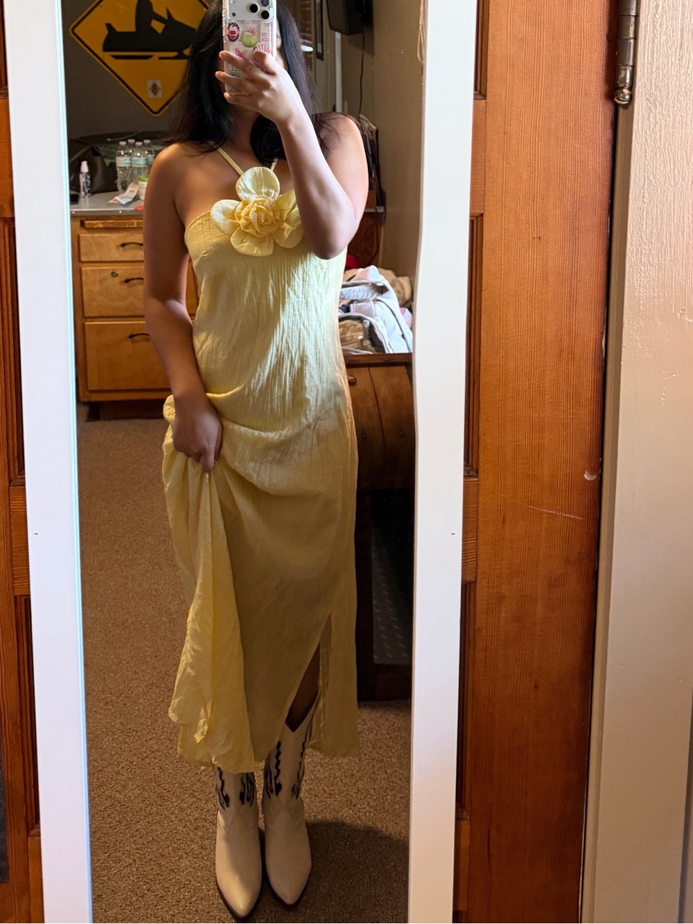 Yellow Flower-Accent Slip Dress